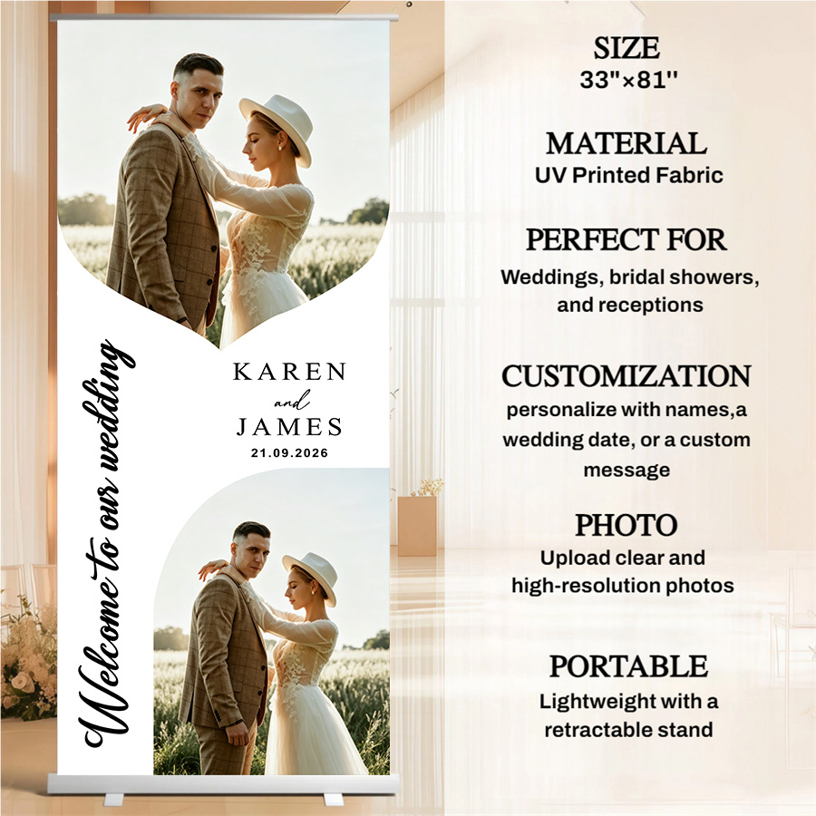Customized wedding retractable banners - personalized photo wedding welcome signs, reception decorations and background curtains